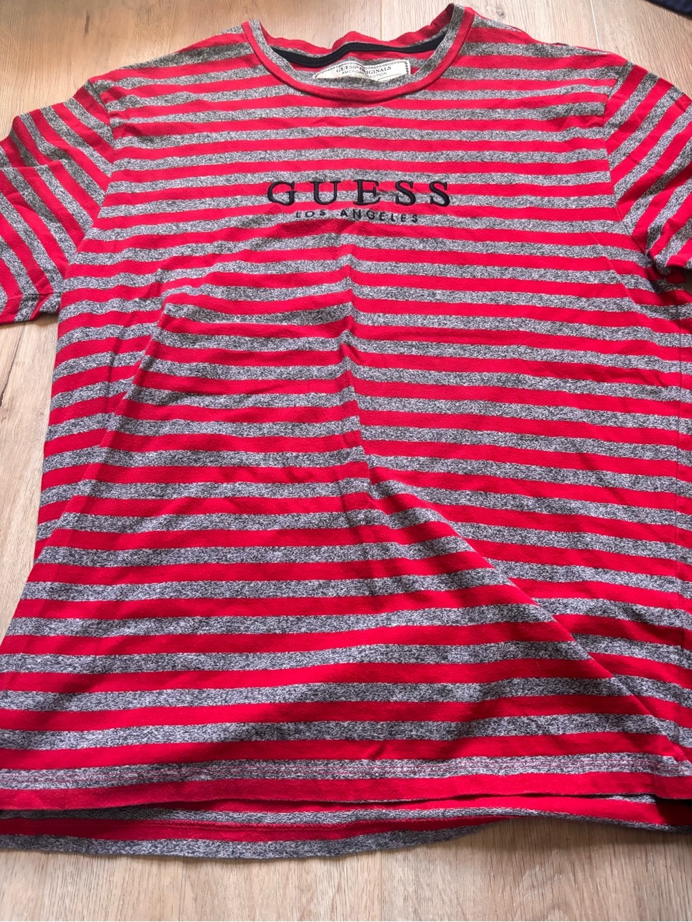 GUESS Red & Gray Striped Logo Tee